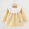 Yellow Grid Baby Eating Smock Long Sleeve Inner Waterproof Baby Bibs Girls Painting Smock Apron